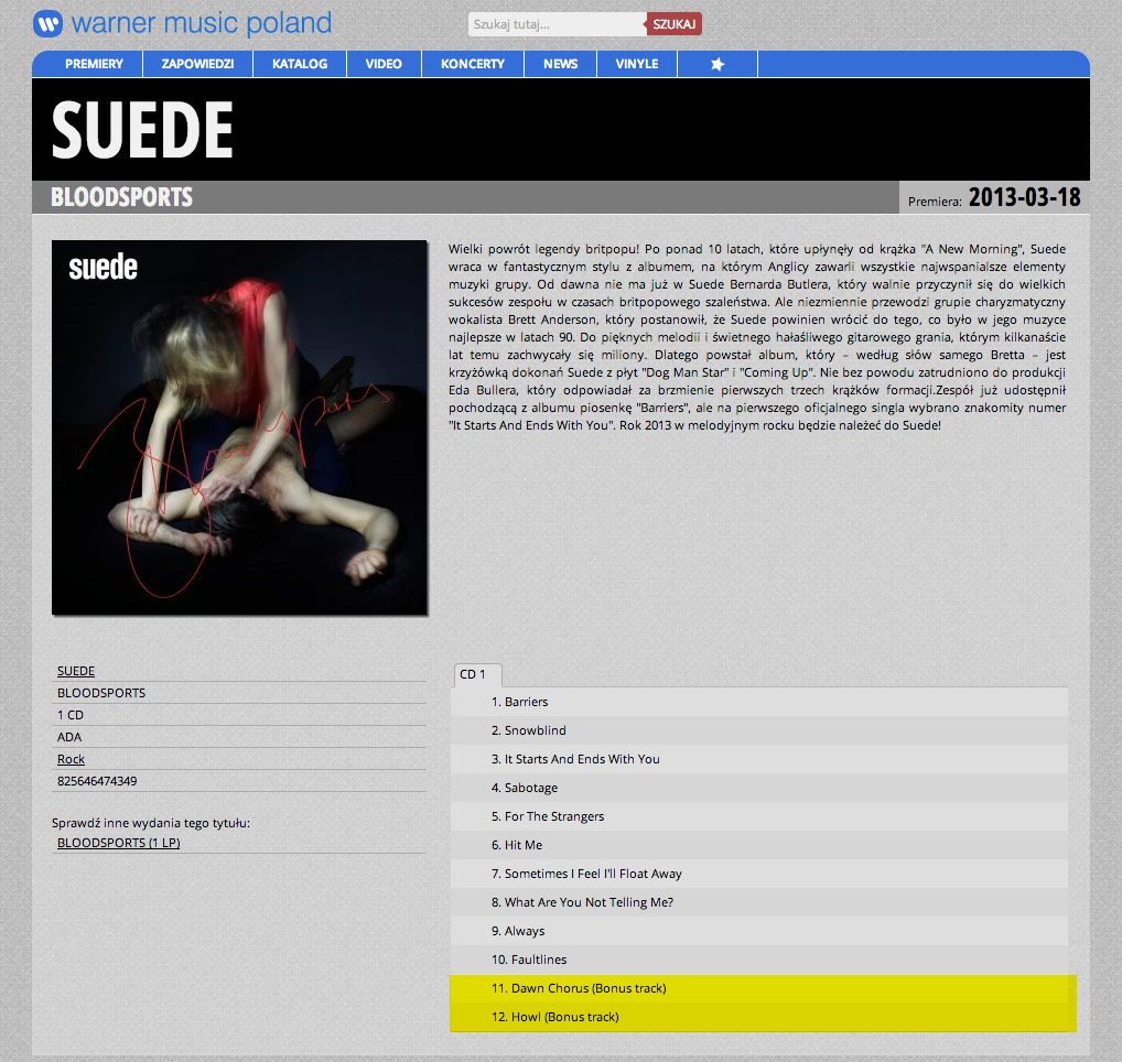 Warner Poland / Suede Bloodsports track listing screen shot